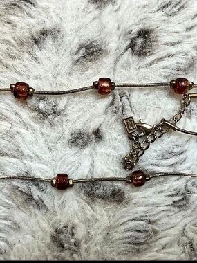 Vintage Signed Brown Glass Barrel Bead Snake Chain Necklace